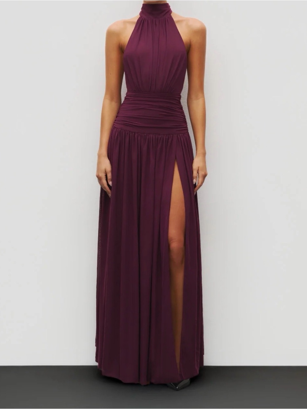 Sleeveless High-Neck Plum Halter Evening Dress